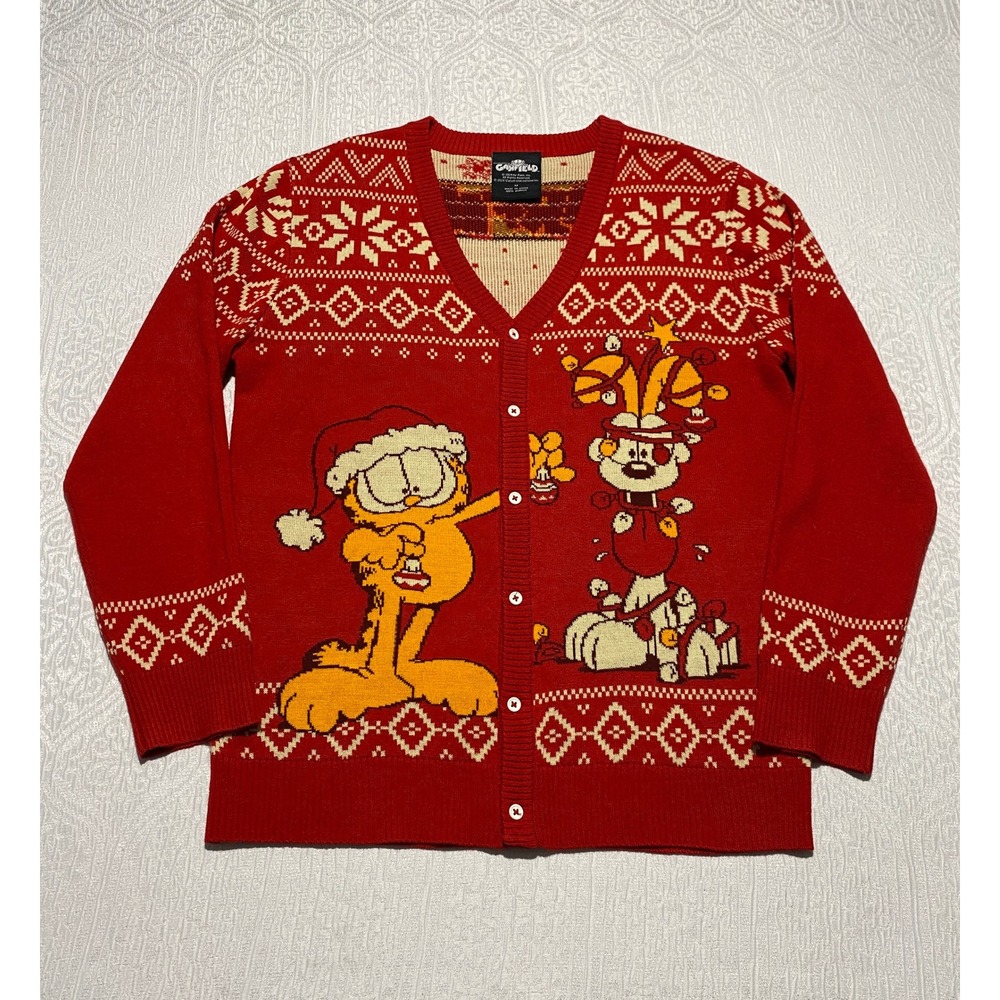 Garfield Odie Mens Medium Red Ugly Christmas Sweater Cardigan Fair Isle